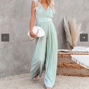 High Tea Pleated Wide Leg Belted Jumpsuit - Sage
